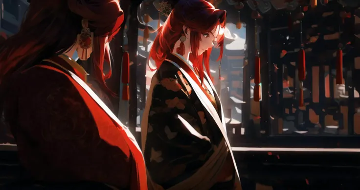 masterpiece,best quality,chinese,1man,strong,red hair,fat,red Bearded,highres,tang style outfits,with a beaytiful girl,<lora:hanfuTang_v32:0.7>,workshop,east_asian_architecture,photo_(medium),cowboy_shot,<lora:Chinese style_20230608163116:1>,