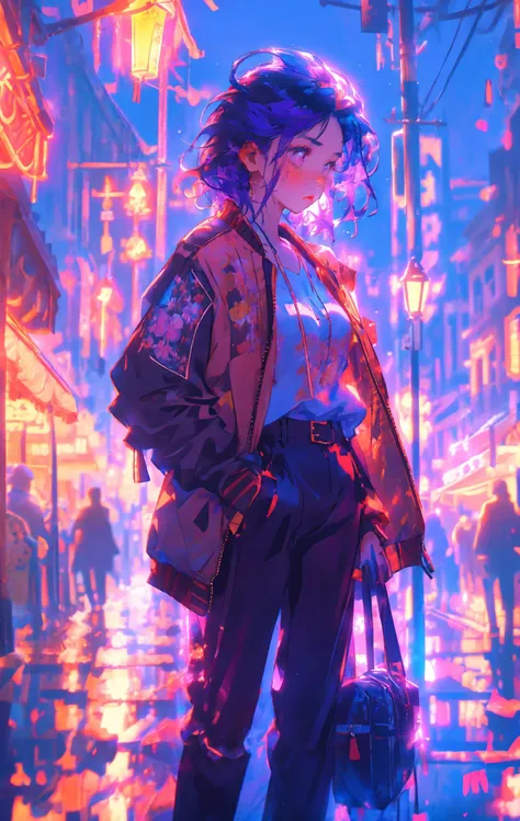 (best quality:1.1),1girl,purple hair,medium hair,messy hair,blouse,jacket_on_shoulders,black_pants,light_blush,real,available light,night,lamppost,panorama,cinematic_angle,looking_afar,leaning against the street lamp,<lora:Chinese style_20230608163116:1>,