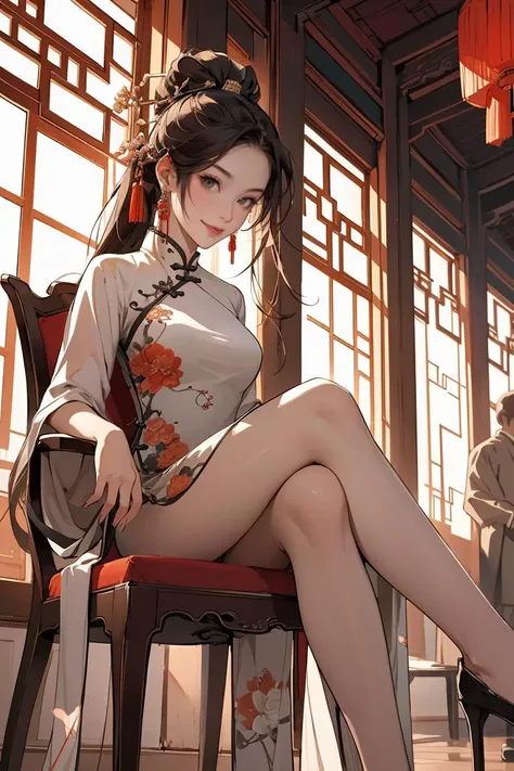 masterpiece,best quality,1girl,solo focus,chinese style,ancient room,indoors,on chair,china dress,crossed legs,light smile,<lora:GoodHands-beta2:1>,<lora:Chinese style_20230608163116:0.6>,