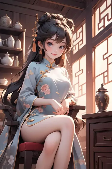masterpiece,best quality,1girl,solo focus,chinese style,ancient room,indoors,on chair,china dress,crossed legs,light smile,<lora:GoodHands-beta2:1>,<lora:Chinese style_20230608163116:0.6>,