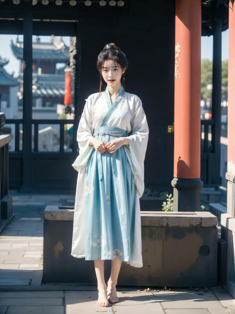 8K raw photo,Best quality,masterpiece,ultra high res,aGirl,full body,((Hanfu :1.5)),((classical architecture)),Chinese culture theme,natural fair skin,big eyes,facial details,smile,sunny day,(black hair, extra long hair),(looking at the audience),standing,(good hands, five fingers),delicate styling,(slender, straight legs),((barefoot)),wonderful light,wen wan,chinese women,red lips,Real shadows,ray tracing,looking from the bottom up,((Chinese style)),,,<lora:Chinese style_20230608163116-000018:0.6>,<lora:biyu_20230629222037:0.3>