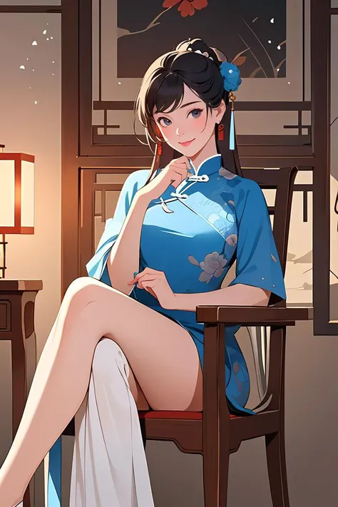 masterpiece,best quality,1girl,solo focus,chinese style,ancient room,indoors,on chair,china dress,crossed legs,light smile,<lora:GoodHands-beta2:1>,<lora:Chinese style_20230608163116:0.6>