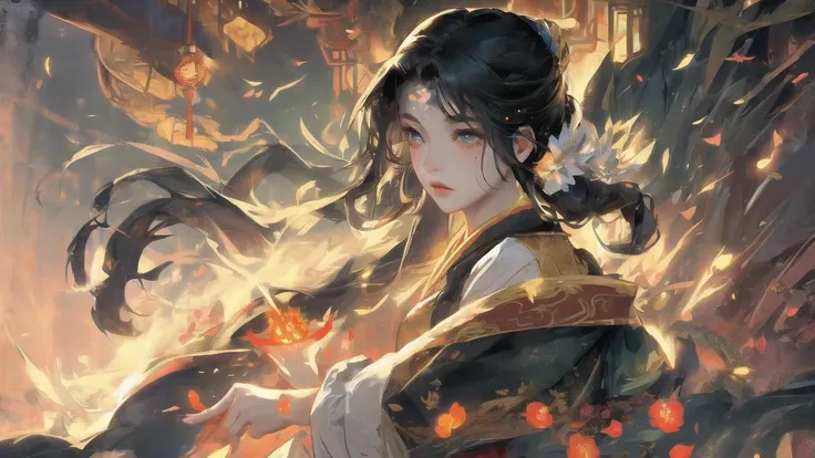oval face,(fine fingers),seductive eyes,chignon or long hair,bangs,decorations,
sidelight,light spots,
breezing,wind,petals,leaves,fansty world,
girl using dragon fire magic power,
Chinese style, <lora:Chinese style_20230608155715:0.5>, <lora:fansty world_20230601105102:0.5>