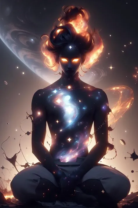 [(black background:1.5)::5], (masterpiece:1.2),PIXIV, symmetry, artistic, best quality,highly detailed, perfect face, dynasty emperor, coloured glaze,((1boy)), manly, solo, male focus, ((adult)), over a lotus, blinding light, white golden robe, chinese clothes, (lotus position), fire around the body, celestial, celestial body, luminous, radiant light, mystical power, front view,
dark celestialskin body , void cosmic body, colored skin, flat color, jet black skin, silhouette,<lora:CelestialSkin-20_1.2+kionantArtistStyle_v10_0.6:0.8>,
,(((outer space, universe, starry night, flaming aura))),
golden light,sparks, floating, god, godly, glowing aura,(glowing eyes), brilliant ki, clean background, ((arrogant)),meditating, meditation,solo,looking down at viewer, mighty,
((long hair)), golden iris,black hair,lotus,long sleeves, <lora:Chinese style_20230607154437:0.7>