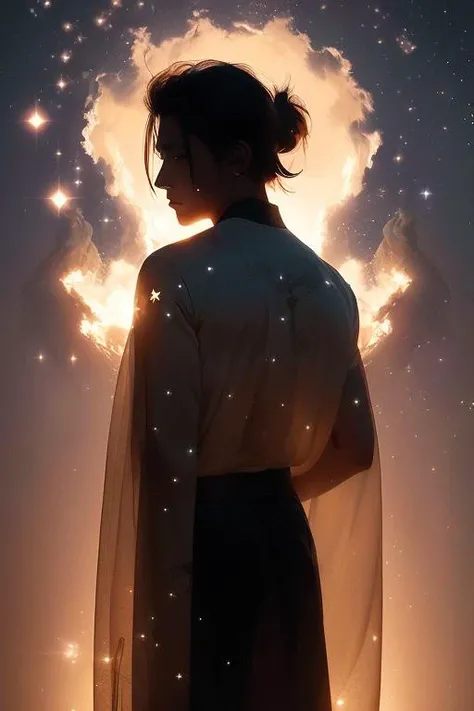 Digital art, realistic, wallpaper, (masterpiece), [(black background:1.5)::5], ((facing camera)), frontal, (Backlit silhouette:1.6), (blinding light), (resplendent appearance),purple eyes, male, 1boy, solo, (white golden robe), chinese clothes, xianxia, floating, (starry), (universe), (cosmos), ethereal lighting, long hair  <lora:Chinese style_20230607154437:0.65>