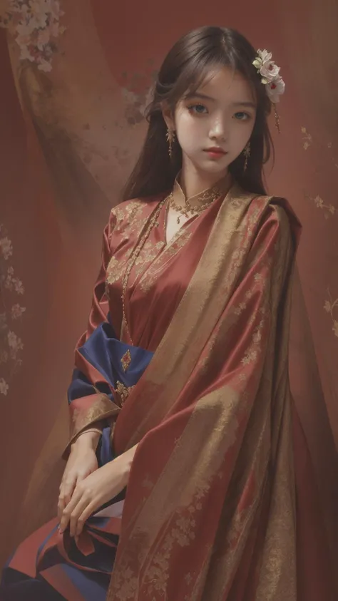 1girl, looking at viewer, <lora:Chinese style_20230607154437:0.2>,best quality, (masterpiece:1.35), silk cloth as background, detailed background,<lora:hairdetailer:0.2>