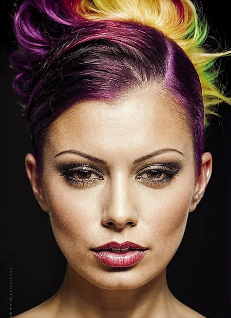 portrait of sks woman by Flora Borsi, style by Flora Borsi, bold, bright colours, rainbow Mohawk haircut, ((Flora Borsi)), <lora:locon_ariagiovanni_v1_from_v1_64_32:1.25>