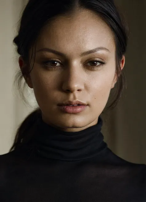 A stunning intricate full color portrait of (sks woman:1), wearing a black turtleneck, epic character composition, by ilya kuvshinov, alessio albi, nina masic, sharp focus, natural lighting, subsurface scattering, f2, 35mm, film grain, <lora:locon_ariagiovanni_v1_from_v1_64_32:1.25>