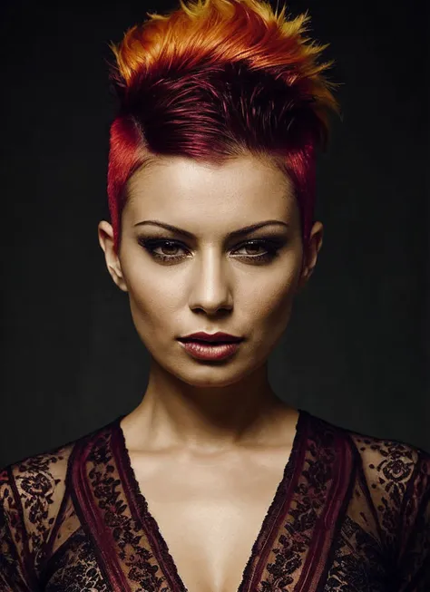 portrait of sks woman by Flora Borsi, style by Flora Borsi, bold, bright colours, orange Mohawk haircut, ((Flora Borsi)), <lora:locon_alisonbrie_v1_from_v1_64_32:1.3>