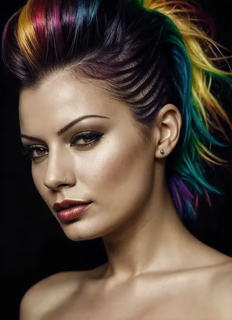 portrait of sks woman by Flora Borsi, style by Flora Borsi, bold, bright colours, rainbow Mohawk haircut, ((Flora Borsi)), <lora:locon_ariagiovanni_v1_from_v1_64_32:1>