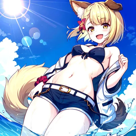 1girl,animal ears,palm tree,shorts,sky,wading,blue sky,tail,dog ears,navel,day,cloud,sunlight,swimsuit,short shorts,ocean,open mouth,off shoulder,sun,hair ornament,lens flare,water,short hair,solo,outdoors,breasts,scrunchie,bare shoulders,looking at viewer,tree,smile,blonde hair,light rays,wrist scrunchie,blue shorts,bikini,belt,open clothes,wet,dog tail,cloudy sky,:d,cowboy shot,sunbeam,official alternate costume,beach,thighs,<lora:Vajra:0.7>,