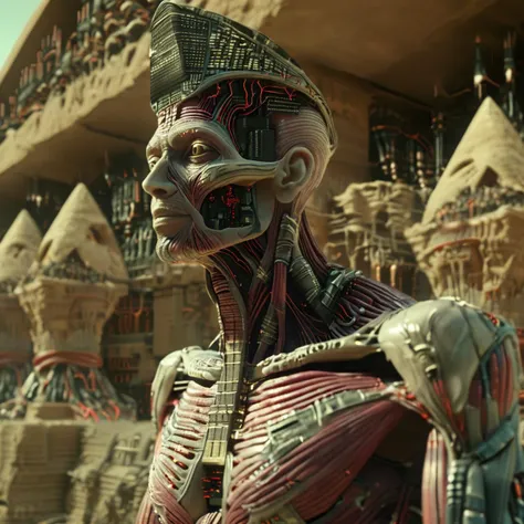 cyberanatomy Osiris in the background of the pyramid, cinematic<lora:cyberanatomy:1>