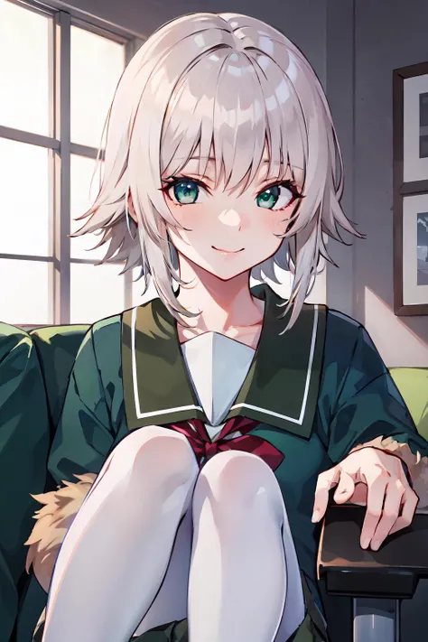 (masterpiece, best quality:1.3), (ultra-detailed:1.2), (illustration,picturesque), {studio light, picturesque}, best shadow,
(KonishiCSA:1.2)_(KujouCSA:1.05), (AlphaCDE:1.3)_(GammaCDE:1.15),
BREAK
(perfect anatomy), (symmetric eyes, ultra-detailed eyes, beautiful eyes), (sharp eyeliner, ultra-detailed face, beautiful face), (green eyes),
BREAK
nice hands, perfect hands, hand by Guido Daniele,
BREAK
1girl, solo,
BREAK
ShimushuKC, (Shimushu) uniform, (fur-trimmed) sleeves, (red) neck ribbon, (green) pleated skirt, (white) pantyhose, (black) mary janes, (long sleeves) uniform, (green) jacket, serafuku, (green) sailor collar, (red) bowtie,
BREAK
,oblique portrait, upper body shot, looking at viewer, smile, (indoor, office, living room), sitting ,sofa,
BREAK
<lyco:hands:1>, <lora:CSA-v0.2:0.6>, <lora:CDE:0.6>, <lora:Shimushu-10:1>