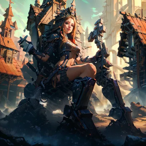 <lora:StavedChurchAI:.9> StavedChurchAI, Sazabi, mecha, science fiction, ((best quality)), ((masterpiece)), ((realistic)), (detailed), portrait, close up, <lora:rud:0.6> beautiful rud_woman, perfect rud_face, perfect rud_body, as a young female fantasy mage, freckles, grey eyes, highly detailed skin, looking at the viewer, cyberpunk art, stunning gradient colors, no watermark signature, town, closed mouth, insanely detailed,  ((full body)), ((masterpiece)), absurdres, HDR , seductive eyes,beautiful detailed eyes, beautiful detailed nose,detailed fingers, cute,glamourous, elegant,smile <lora:msn04SazabiOutfit_v10:0.7> <hypernet:commissar_v10:1>