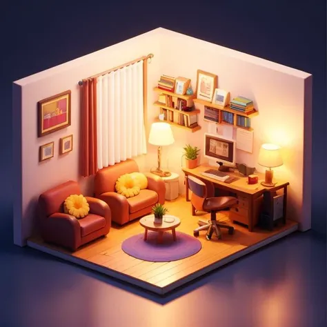 1 room, isometric view, micro room, isometric room, no_humans, plant, desk, computer, window, chair, table, bookshelf, potted_plant, lamp, sofa, white transparent curtain, lighting, high technology, <lora:room:0.6>,
