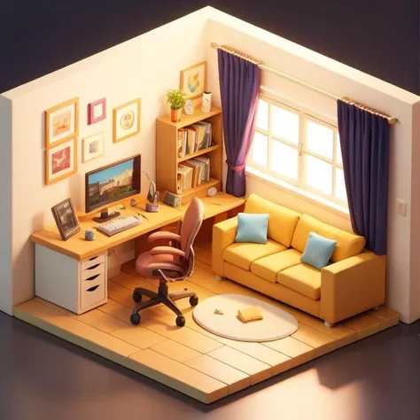 1 room, isometric view, micro room, isometric room, no_humans, plant, desk, computer, window, chair, table, bookshelf, potted_plant, lamp, sofa, white transparent curtain, lighting, high technology, <lora:room:0.6>,