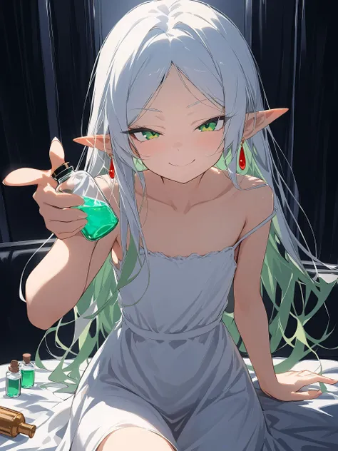 core_9, score_8_up, score_7_up, score_6_up, score_5_up, score_4_up, <lora:add-detail-xl:1>, <lora:chenkin_nai3_style:1>, 1girl, solo, Frieren, green eyes, white hair, long hair, sidelocks, pointy ears, bare arms, collarbone, white dress, strap slip, drop earrings, flat chest, half-closed eyes, sitting, looking at viewer, closed mouth, smile, smug, hand up, potion, giving, outstretched arm, holding bottle, thumbs up, masterpiece, best quality,