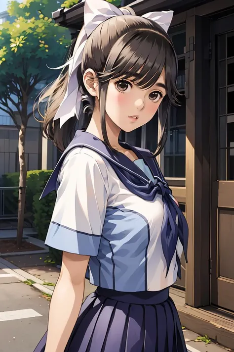 (masterpiece, best quality), 1girl,  <lora:takane_manaka_v1:0.8> aamanaka, long hair, ponytail, hair bow, serafuku, white shirt, short sleeves, sailor collar, blue neckerchief, pleated skirt, blue skirt,