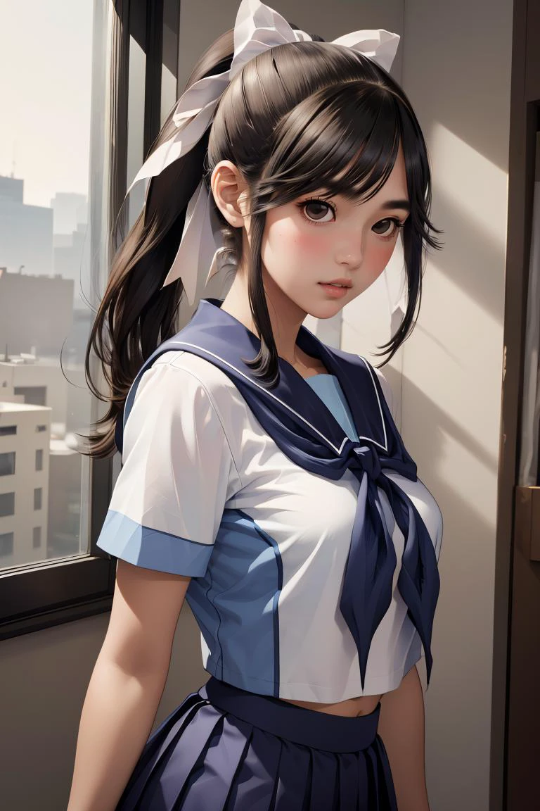 (masterpiece, best quality), 1girl, <lora:takane_manaka_v1:0.8> aamanaka, long hair, ponytail, hair bow, serafuku, white shirt, short sleeves, sailor collar, blue neckerchief, pleated skirt, blue skirt,