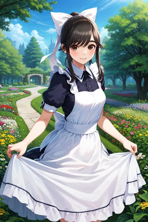 masterpiece, best quality, highres, aamanaka, long hair, ponytail, hair bow, <lora:takane_manaka_v1:0.7>, maid, dress, garden, skirt hold, smile