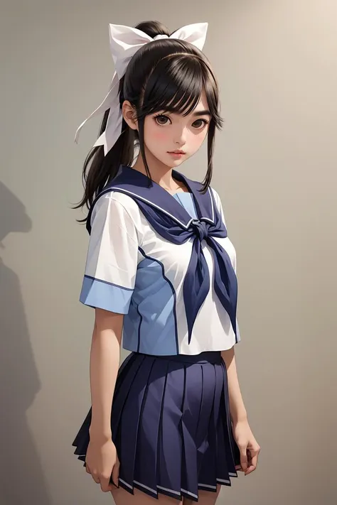 (masterpiece, best quality), 1girl,  <lora:takane_manaka_v1:0.8> aamanaka, long hair, ponytail, hair bow, serafuku, white shirt, short sleeves, sailor collar, blue neckerchief, pleated skirt, blue skirt,