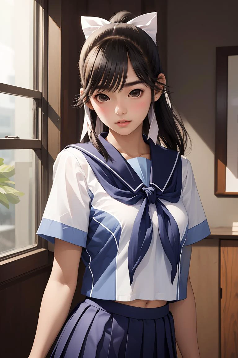 (masterpiece, best quality), 1girl, <lora:takane_manaka_v1:0.8> aamanaka, long hair, ponytail, hair bow, serafuku, white shirt, short sleeves, sailor collar, blue neckerchief, pleated skirt, blue skirt,