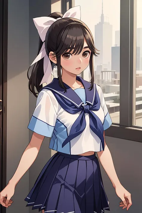 (masterpiece, best quality), 1girl,  <lora:takane_manaka_v1:0.8> aamanaka, long hair, ponytail, hair bow, serafuku, white shirt, short sleeves, sailor collar, blue neckerchief, pleated skirt, blue skirt,