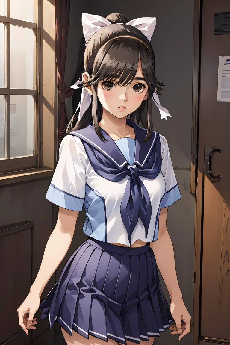 (masterpiece, best quality), 1girl, <lora:takane_manaka_v1:0.8> aamanaka, long hair, ponytail, hair bow, serafuku, white shirt, short sleeves, sailor collar, blue neckerchief, pleated skirt, blue skirt,