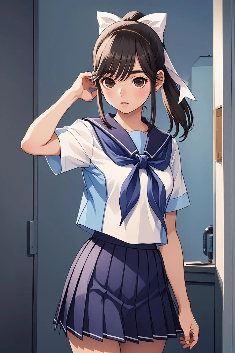 (masterpiece, best quality), 1girl, <lora:takane_manaka_v1:0.8> aamanaka, long hair, ponytail, hair bow, serafuku, white shirt, short sleeves, sailor collar, blue neckerchief, pleated skirt, blue skirt,