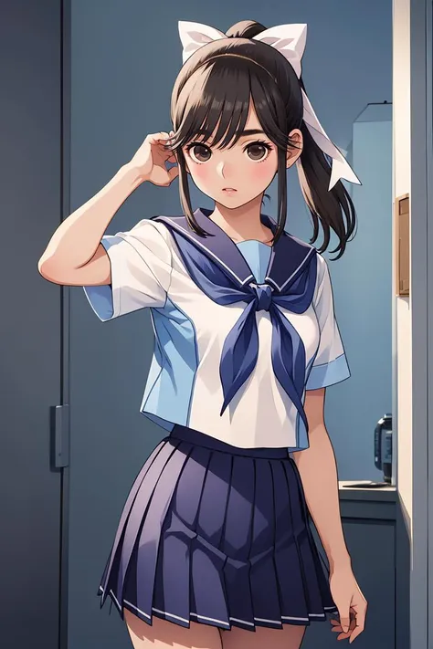 (masterpiece, best quality), 1girl,  <lora:takane_manaka_v1:0.8> aamanaka, long hair, ponytail, hair bow, serafuku, white shirt, short sleeves, sailor collar, blue neckerchief, pleated skirt, blue skirt,