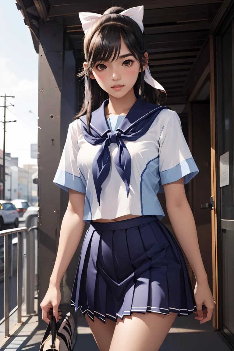 (masterpiece, best quality), 1girl, <lora:takane_manaka_v1:0.8> aamanaka, long hair, ponytail, hair bow, serafuku, white shirt, short sleeves, sailor collar, blue neckerchief, pleated skirt, blue skirt,