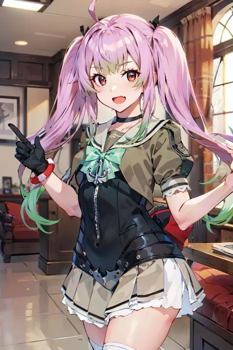 (masterpiece, best quality:1.3), (ultra-detailed:1.2), (illustration,picturesque), {studio light, picturesque}, best shadow,
(KonishiCSA:1.2)_(KujouCSA:1.05), (AlphaCDE:1.3)_(GammaCDE:1.15),
BREAK
(perfect anatomy), (symmetric eyes, ultra-detailed eyes, beautiful eyes), (sharp eyeliner, ultra-detailed face, beautiful face), (red eyes), (pink|green)_hair,
BREAK
nice hands, perfect hands, hand by Guido Daniele,
BREAK
1girl, solo,
BREAK
MomoKC, (Momo) uniform, serafuku, (grey) sailor collar, (green) bowtie, (black) gloves, (grey) skirt, (white) thighhighs, (Momo) shoes, twintails, ahoge, skin fang,
BREAK,
((cowboy shot)), facing to viewer, looking at viewer, smile, open mouth, (indoor, office, living room), ((v gesture)),
BREAK
<lyco:hands:1.5>, <lora:CSA-v0.2:0.6>, <lora:CDE:0.6>, <lora:Momo-09:1>