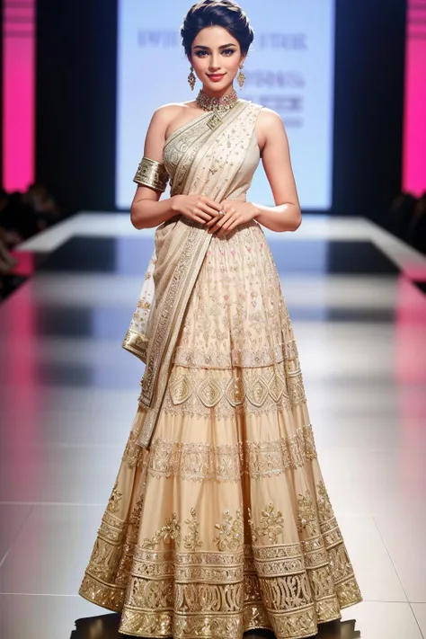 ((Masterpiece, best quality,edgQuality)),smile,smirk,
edgBW, a woman walking down a runway wearing a dress ,wearing edgBW fashion,designer dress
<lora:edgBollywoodCouture:1>