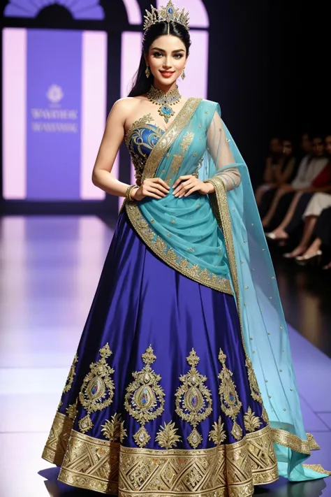 ((Masterpiece, best quality,edgQuality)),smile,smirk,
edgBW, a woman walking down a runway wearing a dress ,wearing edgBW fashion,designer dress
<lora:edgBollywoodCouture:1>