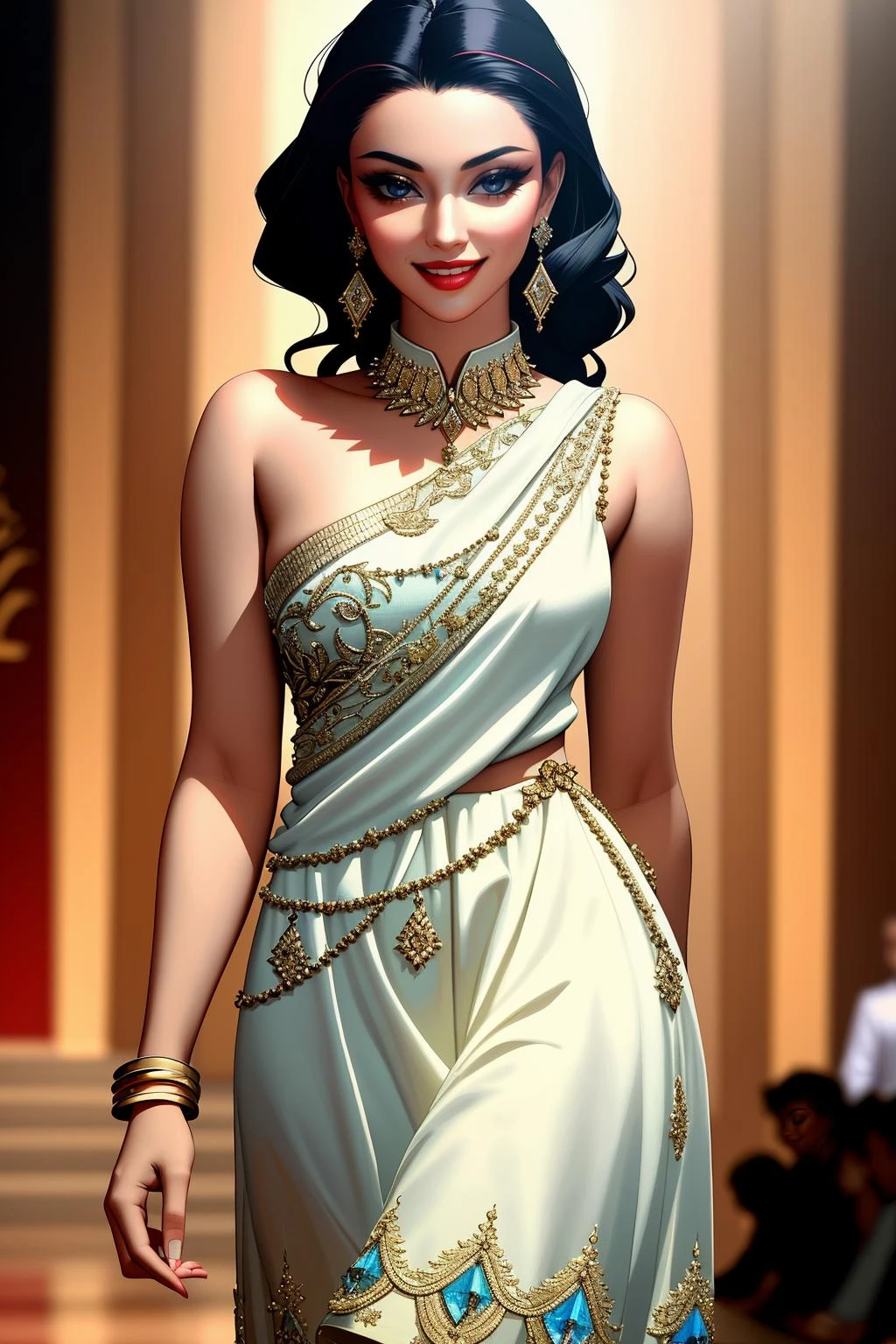 ((Masterpiece, best quality,edgQuality)),smile,smirk,
edgBW, a woman walking down a runway wearing a dress ,wearing edgBW fashion,designer dress
<lora:edgBollywoodCouture:1>