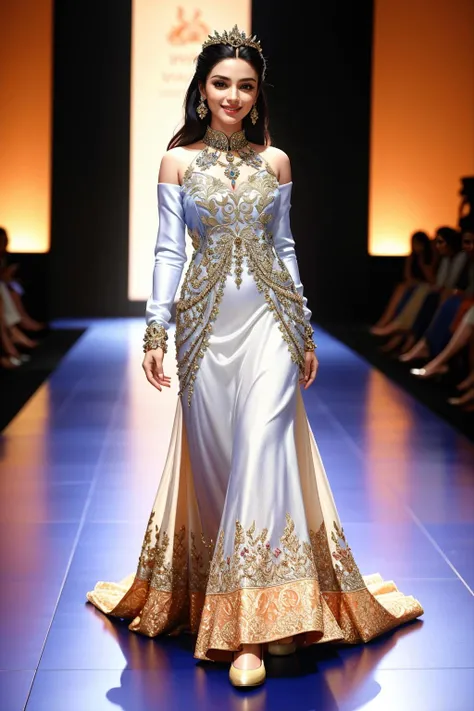 ((Masterpiece, best quality,edgQuality)),smile,smirk,
edgBW, a woman walking down a runway wearing a dress ,wearing edgBW fashion,designer dress
<lora:edgBollywoodCouture:1>