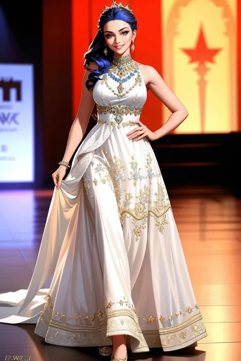 ((Masterpiece, best quality,edgQuality)),smile,smirk,
edgBW, a woman walking down a runway wearing a dress ,wearing edgBW fashion,designer dress
<lora:edgBollywoodCouture:1>