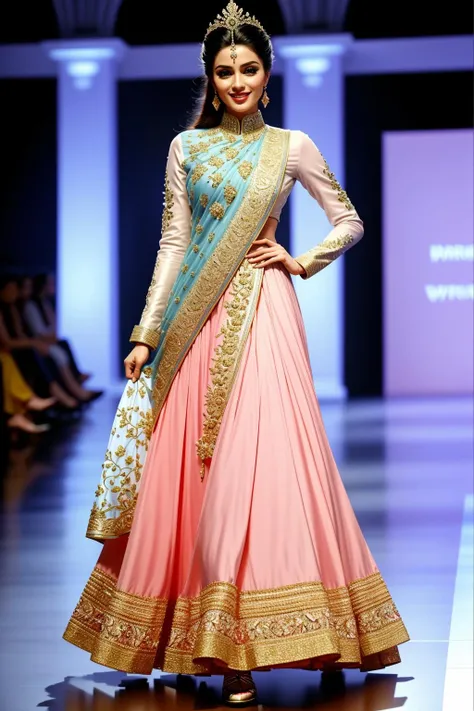 ((Masterpiece, best quality,edgQuality)),smile,smirk, 
edgBW, a woman walking down a runway wearing a dress ,wearing edgBW fashion,designer dress
 <lora:edgBollywoodCouture:1>