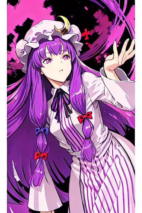 patchouli_knowledge, 1girl, solo, purple hair, purple eyes, long hair, mob cap, crescent hat ornament,