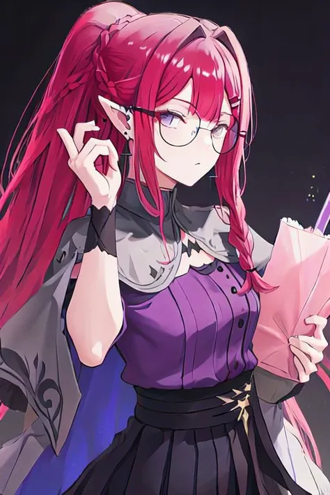 Baobhan Sith\(fate\), bangs, glasses, pointy ears, sidelocks, braid, french braid, ponytail, jewelry, earrings, black high-waist skirt, hairclip, detached sleeves, pantyhose, purple shirt, capelet