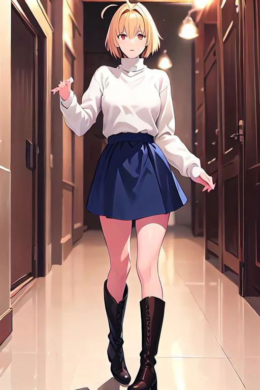 arcueid, blonde hair, red eyes, short hair, very long hair, bangs, ahoge, sidelocks
blue skirt, skirt, sweater, black thighs, boots, turtleneck, white sweater