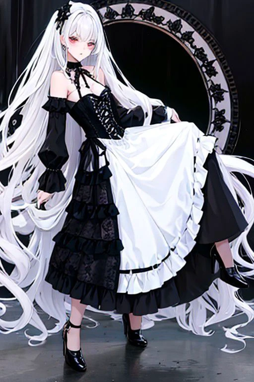 g0thdr3ss, dress, dip hem dress, gothic, white and black dress, highheels, ankle boots, lace train, dip hem, bare shoulders, corset dress,