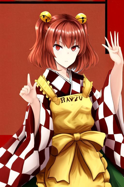 1girl,solo,red hair,two side up, hair bell,red eyes,checkered clothes, japanese clothes, kimono,wide sleeves, apron,clothes writing,