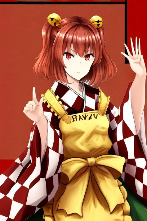 1girl,solo,red hair,two side up, hair bell,red eyes,checkered clothes, japanese clothes, kimono,wide sleeves, apron,clothes writing,