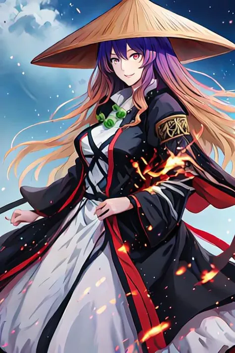 solo, 1girl, solo_focus, bamboo hat, (voluptuous), multicolored_hair, gradient_hair, long_hair, purple_hair, blonde_hair, yellow_eyes, smile, brown_hair, breasts, hijiri byakuren, multicolored hair,long hair,yellow eyes,cape,layered dress,long sleeves,  scroll, sorcerer's sutra scroll, ajirogasa,necklace