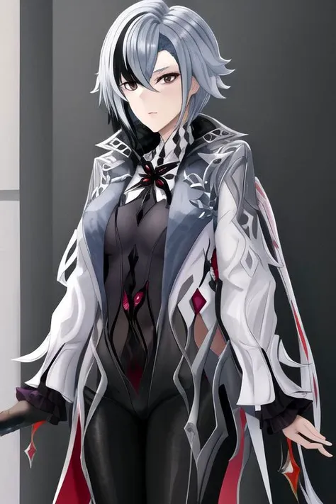 arlecchino \(genshin impact\), 1girl, grey hair,multicolored hair, short hair,black eyes, x-shaped pupils,black gloves, long sleeves, grey jacket,grey bodysuit, black pants,