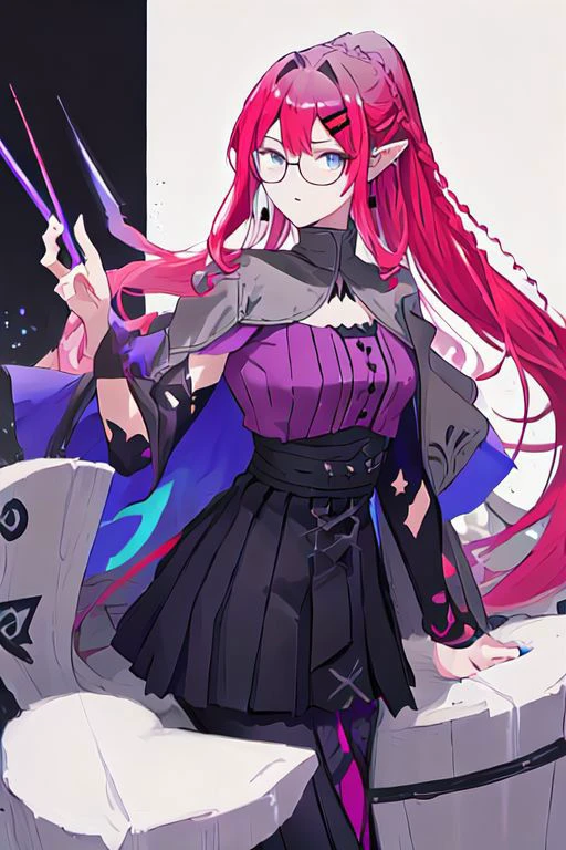 Baobhan Sith\(fate\), bangs, glasses, pointy ears, sidelocks, braid, french braid, ponytail, jewelry, earrings, black high-waist skirt, hairclip, detached sleeves, pantyhose, purple shirt, capelet