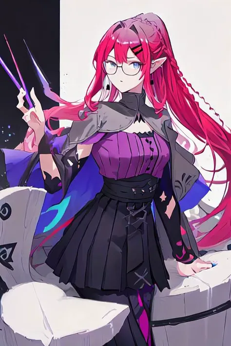 Baobhan Sith\(fate\), bangs, glasses, pointy ears, sidelocks, braid, french braid, ponytail, jewelry, earrings, black high-waist skirt, hairclip, detached sleeves, pantyhose, purple shirt, capelet