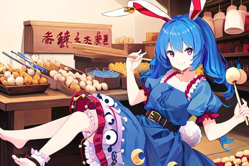 dumplings, skewered, dango,
seiran_\(touhou\), 1girl, dress, blue_hair, rabbit_ears, red_eyes, twintails, ear_tag, solo, frilled_dress, short_sleeves, earclip, bloomers, barefoot, puffy_sleeves, crescent, stain, puffy_short_sleeves, star_symbol, smile, rabbit_tail, mallet, kine, animal_ears, belt, long_hair, collarbone, blue_dress, crescent_print, star_print,