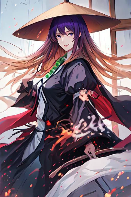 solo, 1girl, solo_focus, bamboo hat, (voluptuous), multicolored_hair, gradient_hair, long_hair, purple_hair, blonde_hair, yellow_eyes, smile, brown_hair, breasts, hijiri byakuren, multicolored hair,long hair,yellow eyes,cape,layered dress,long sleeves, scroll, sorcerer's sutra scroll, ajirogasa,necklace